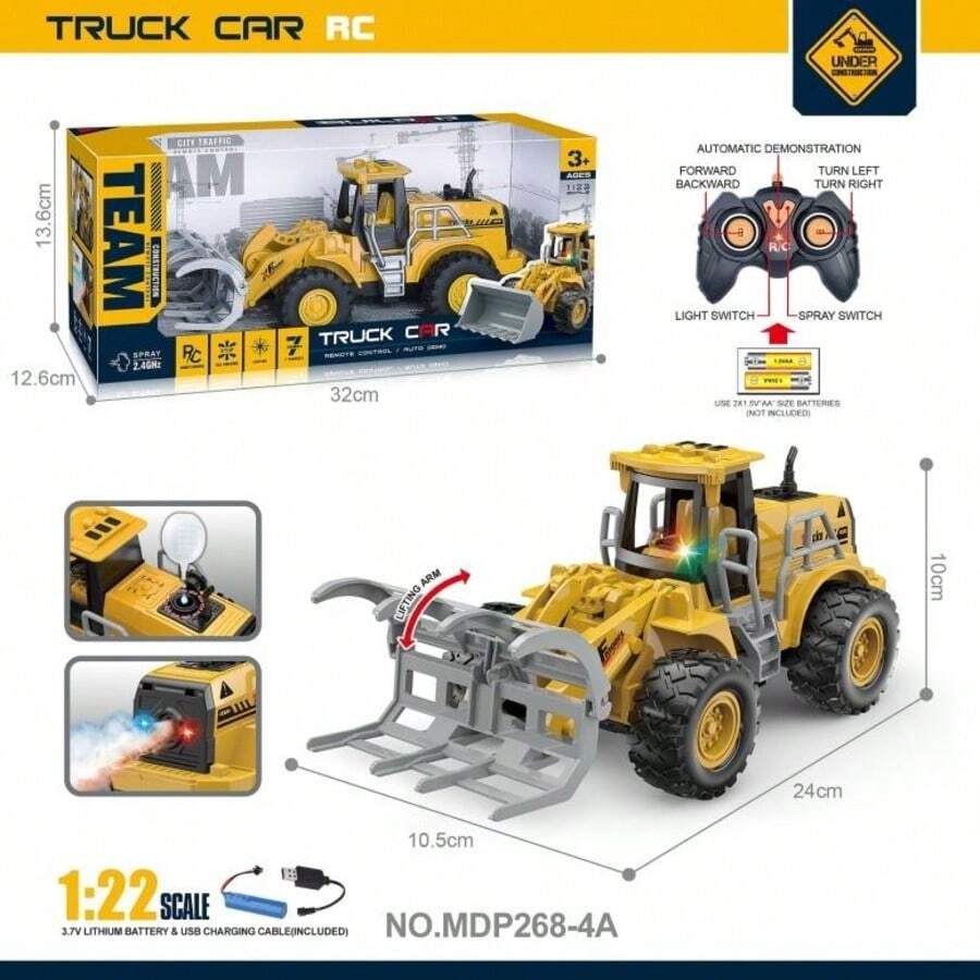 Vehículo de ingeniería de control remoto de siete vías 2.4G 1:22 con luz de pulverización y demostración con un solo botón - Amarillo - Ver 1