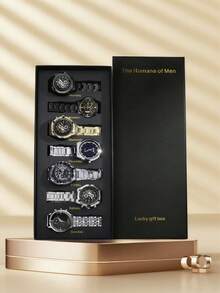 7 件套优雅简约高端时尚休闲商务多功能仿三眼时尚男士手表礼品套装，适合生日、万圣节、秋季礼物