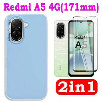 3-In-1 Set For Redmi A5: Black Edge Tempered Glass Screen Protector + Jelly Blue Dual-Layer Fashionable Phone Case