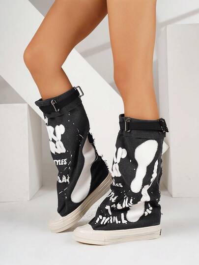 Fall/Winter Women's Gray Round Toe Thick Sole Flat Ankle Boots, Casual Canvas Ankle Boots For Spring & Autumn, Boots For Women