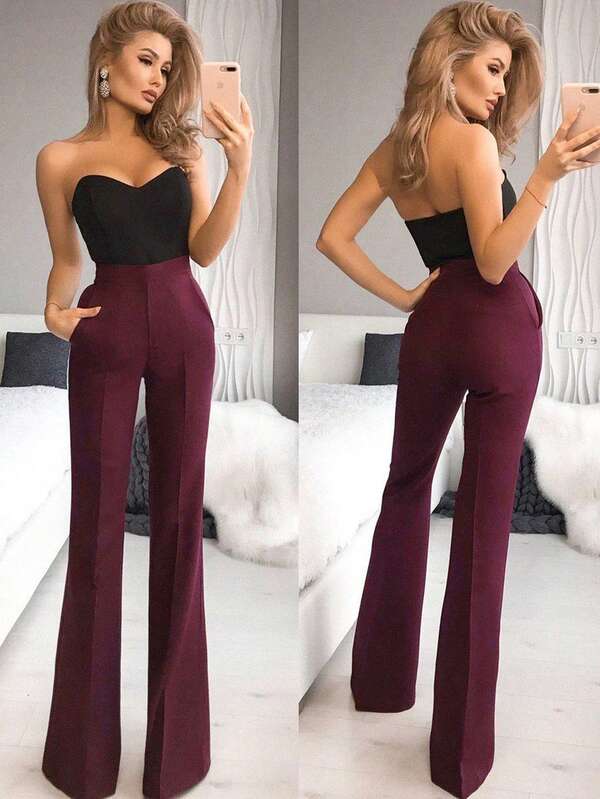 Eleganckie, rozkloszowane spodnie w kolorze bordowym z wysokim stanem, uniwersalne na dojazdy do pracy