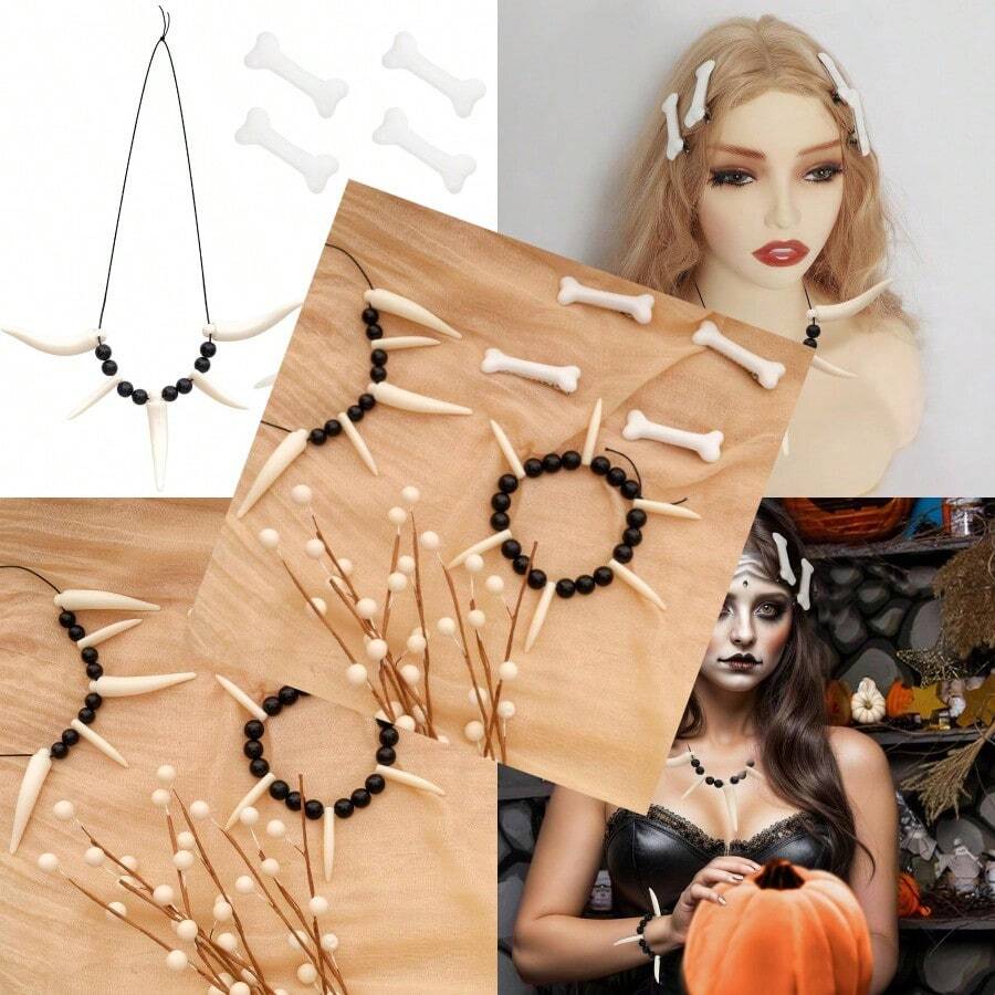 Fumwase 6 Pcs Cave Women Costume Accessories Set With Faux Bone Hair Clip Bone Necklace Bracelet For Adult Halloween Cosplay - như hình ảnh - Xem 1