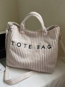 复古欧洲时尚灯芯绒材质字母印花女士优雅单肩托特包 - 白色 - 查看 8