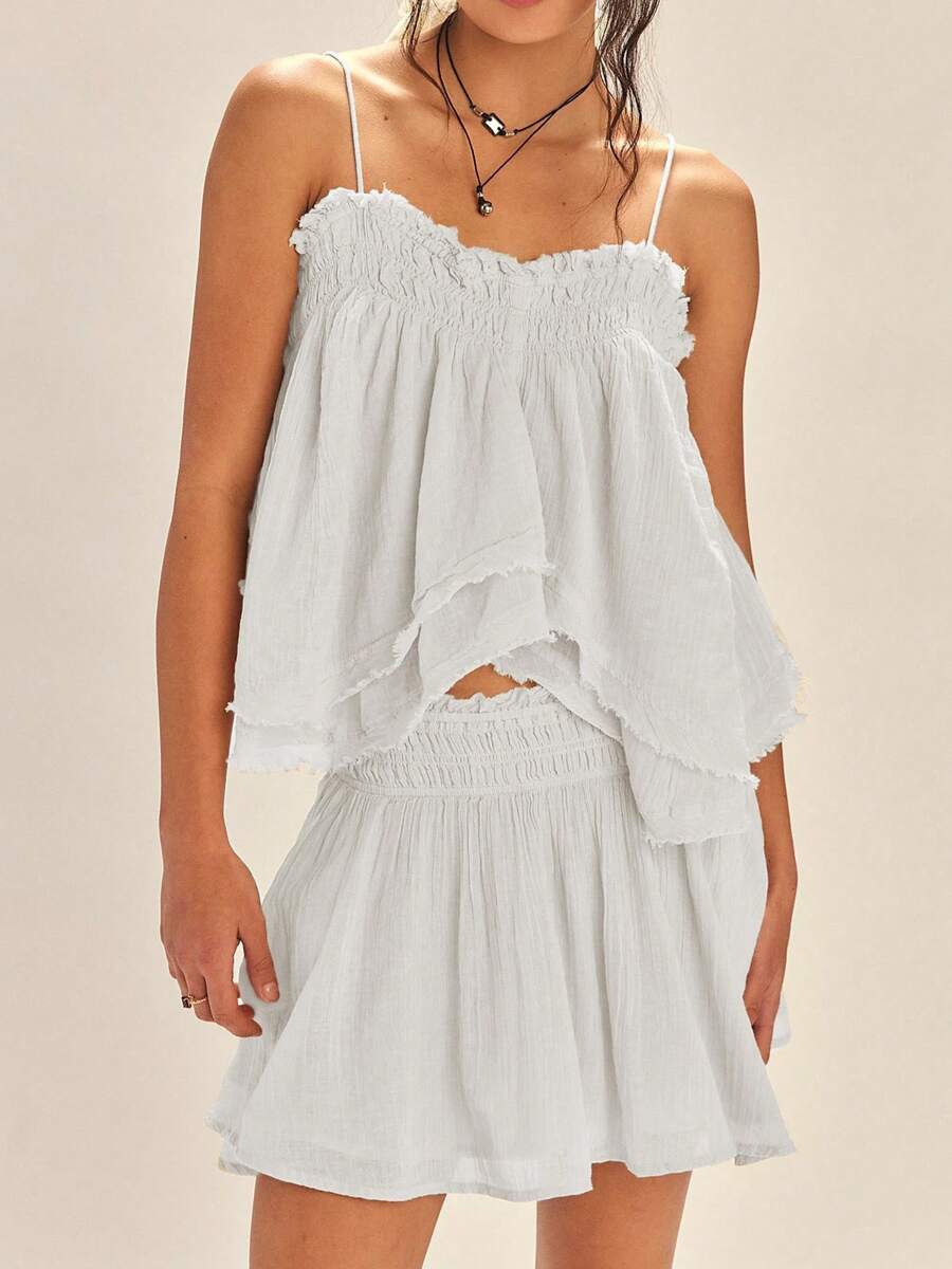 Women Y2k Summer 2 Piece Tiered Ruffle Lounge Set Spaghetti Straps Square Neck Sleeveless Backless Asymmetrical Hem Flow Tops + Elastic Waist Wide Leg Shorts Loungewear Sleepwear Beach Vacation Outfit