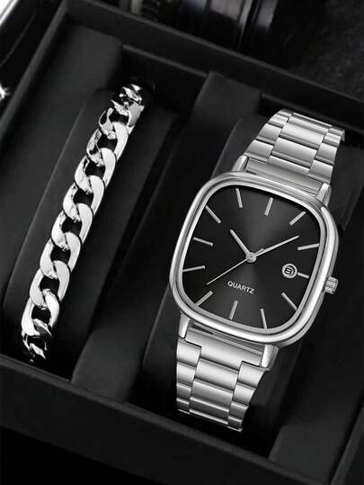 2Pcs Men's Silver Stainless Steel Strap Fashionable Casual Business Retro Calendar Men's Quartz Watch Alloy Bracelet Set Suitable For Daily Wear Decoration Giving Friends Father's Holiday Gifts