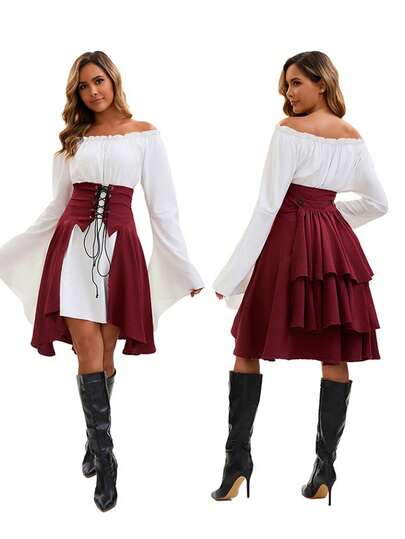 Fantasia de pirata feminina - Traje medieval renascentista, bordô e branco, parte inferior esvoaçante, adequada para Halloween, feiras renascentistas, cosplay - Traje de apresentação de palco, traje histórico elegante, fantasia de Halloween, design em camadas, entusiastas de cosplay, traje de cosplay