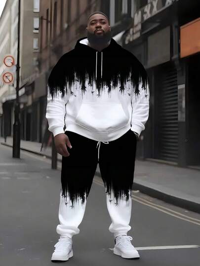 Plus Size Tall Men's Scary Hand Print Graphic Sweatsuit, Classic Black & White Contrast Design, Halloween Style, Winter Promotion Set, Drawstring Hoodie & Pants 2-Piece Outfit, Fashionable Loose Fit Comfortable For Spring, Autumn & Winter