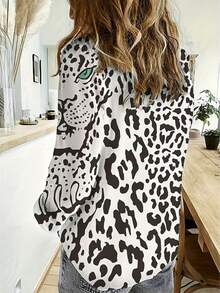 Plus Size Women Leopard Print Long Sleeve Single-Breasted Fashion Shirt, Suitable For Daily Wear, Office And Commuting