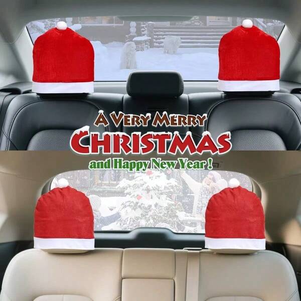 1 pieza/4 piezas Gorro para respaldo de asiento de coche navideño, gorro decorativo navideño, cojín de asiento de coche, gorro navideño, gorro de vestir rojo, decoración ambiental, adecuado para decoración de ambiente navideño