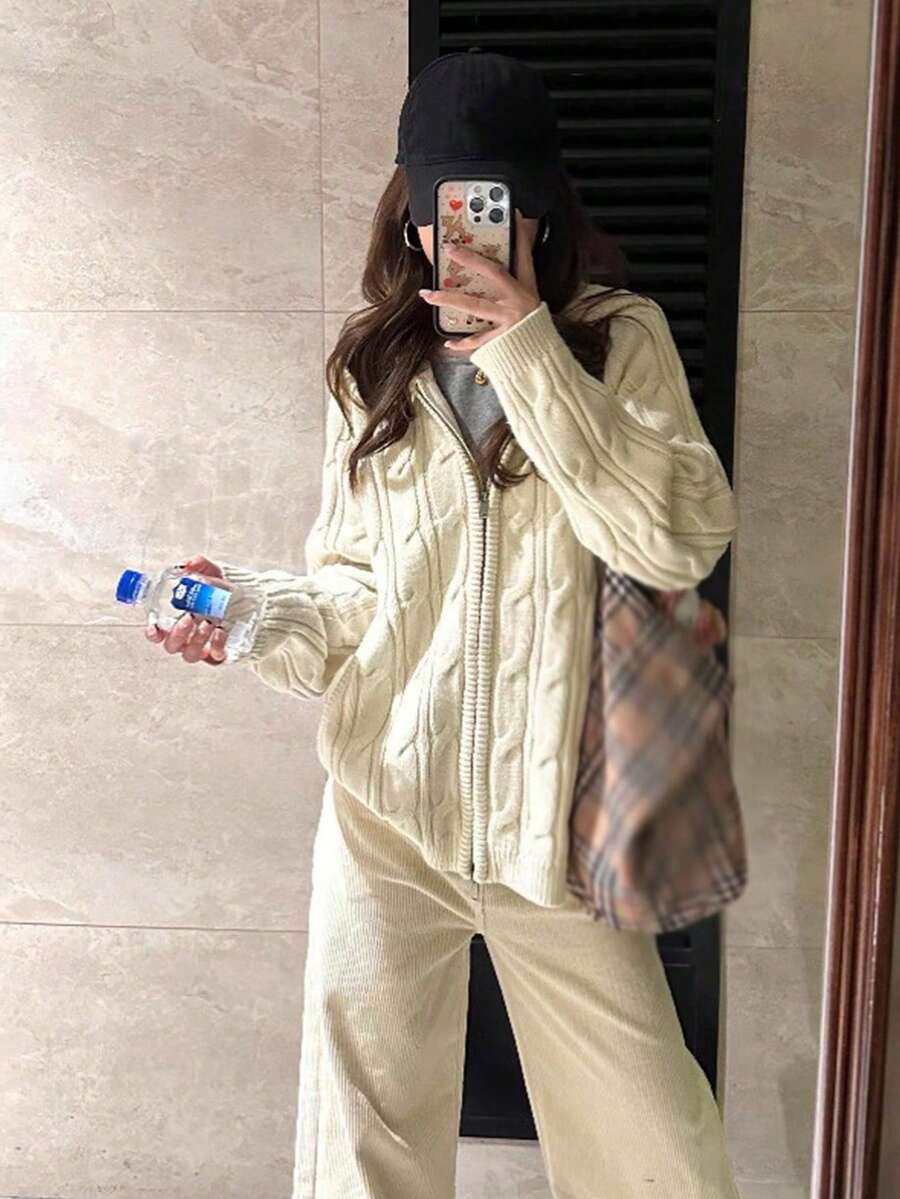 Retro American Style Hooded Knit Cardigan, Double Zipper Cable Knit Sweater Jacket, Lazy College Casual Top For Early Spring