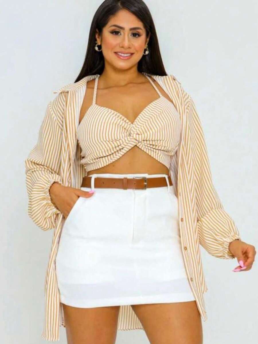 Striped Shirt And Crop Top Set With Tie Straps Simple Striped Casual Elegant Openwork Fabric Twisted Button Beach Holiday - Màu be - Xem 1
