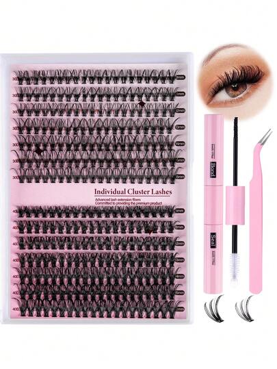Kit de extensiones de pestañas en racimo DIY, Kit de extensiones de pestañas, Kit de extensiones de pestañas de volumen D, 280 piezas de racimos de pestañas individuales negras 30D+40D, racimos de pestañas individuales mixtas de 9-16 mm, adecuado para DIY en casa, pestañas de volumen D, racimos de pestañas gruesas, incluye pegamento para pestañas