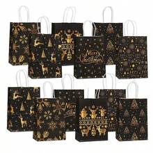 20 件/套黑色和金色圣诞主题礼品袋、派对礼品袋、节日礼品袋、手提袋，采用牛皮纸制成，带有圣诞树、雪花、雪人、驯鹿图案，适用于圣诞礼物包装 - 彩色 - 查看 11