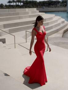 Basrey 红色心形领口吊带高腰修身晚礼服，美人鱼长款正式礼服 - 紅色 - 查看 3