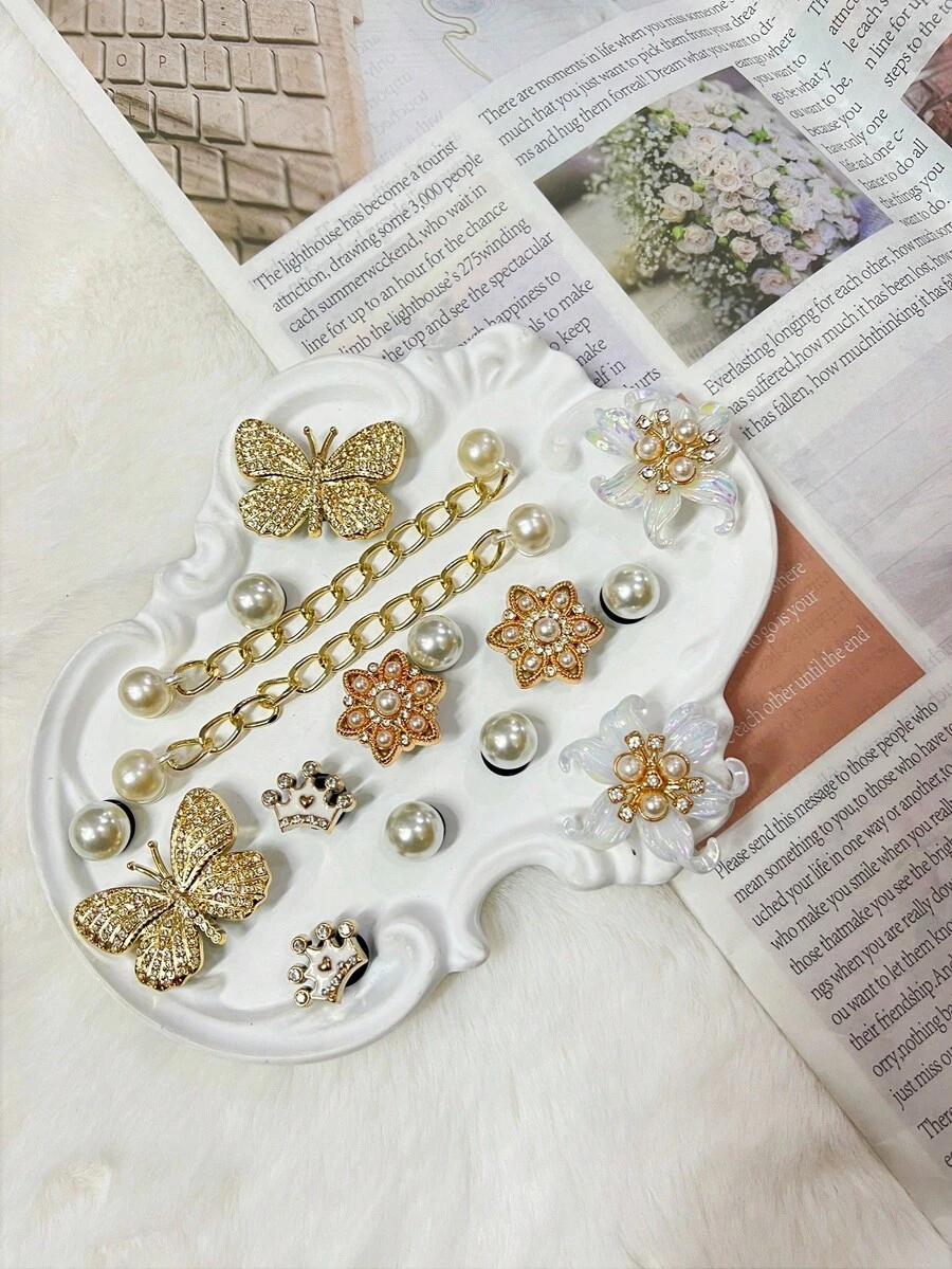 16-elementowe dekoracje do butów ogrodowych DIY, złote kryształki, motyle, perły, łańcuszki, odpowiednie do obuwia plażowego, buty z wydrążonymi krawędziami, na każdą porę roku, prezent świąteczny