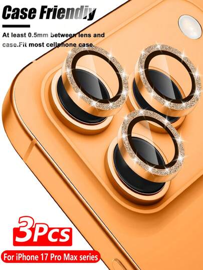 3 片装闪光灯相机镜头保护膜，适用于 17 Pro/17 Pro Max，防刮高清钢化玻璃，防碎金属环盖，易于安装，闪光灯钛橙色