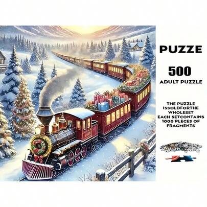Quebra-cabeça de trem de Natal com 500 peças, quebra-cabeça de papel vibrante de cores mistas, jogo de desafio intelectual para alívio do estresse para adultos, quebra-cabeça de entretenimento interativo para a família, decoração de escritório doméstico (sem moldura), presente de jogo intelectual ideal para aniversário, Halloween, Natal e Ano Novo