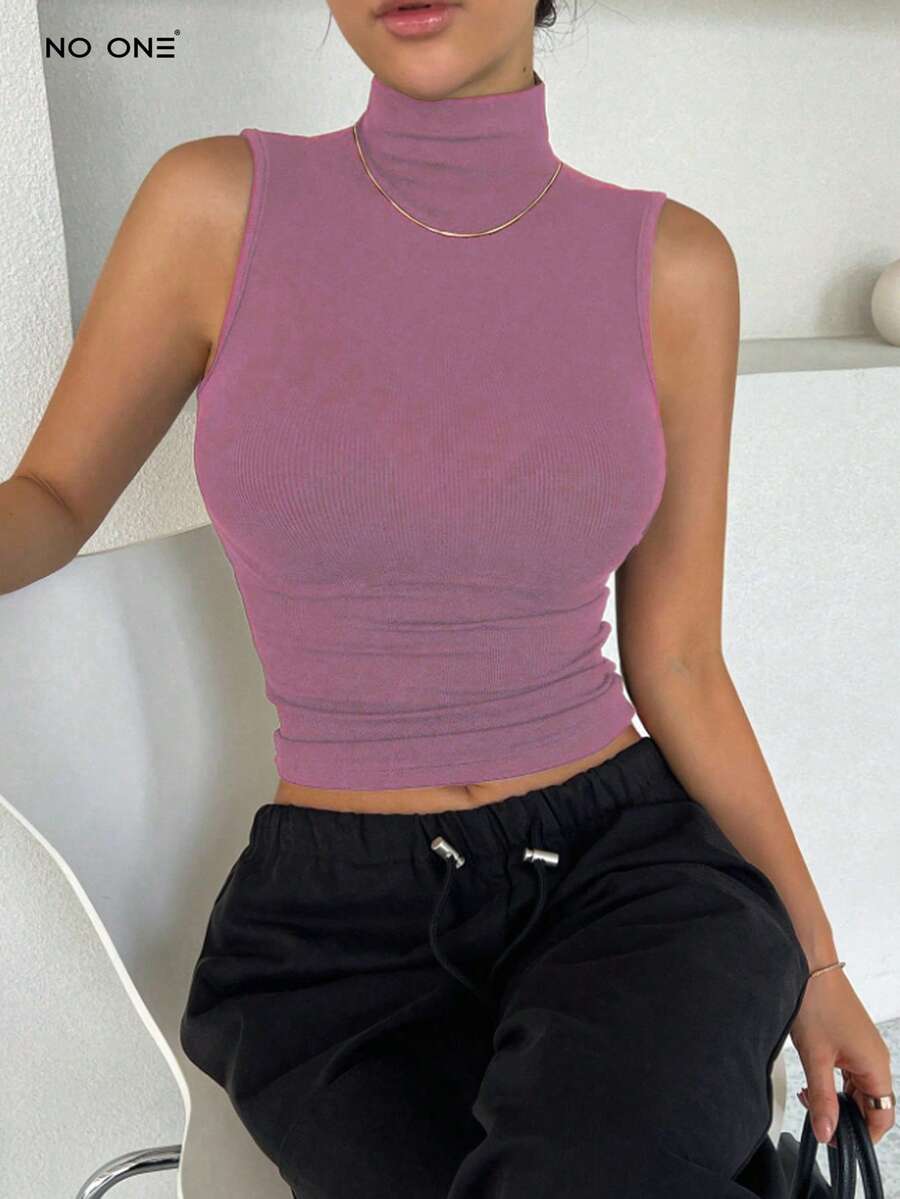 Women High Neck Bodycon Sleeveless Wrap Camisole Preppy Tops - Rosa - Ver 1