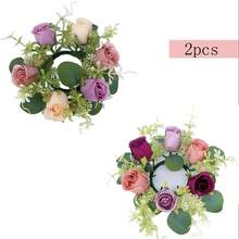 1pc Fake Flower Plant Leaves Candle Artificial Silk Rose Flower Wreath Candle Holder Plastic Small Buoy Farmhouse Wreath For Wedding Arrangement Bridal Bouquet Dining Table Core Garden Yard Birthday Shower Decoration Aesthetic Room Classroom Balcony Christmas Holiday Gift Decoration