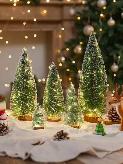 6 pezzi Mini albero di Natale con luci, albero di Natale artificiale a spazzola in legno, adatto per decorazioni natalizie, feste, tavoli da pranzo familiari, vacanze, decorazioni natalizie domestiche (bianco caldo)