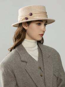 1 peça chapéu de feltro de lã com estampa floral francesa, cetim com strass, acabamento na cintura, chapéu de feltro de lã 100% feito à mão, aba larga, moderno e versátil, lançamento de 2025