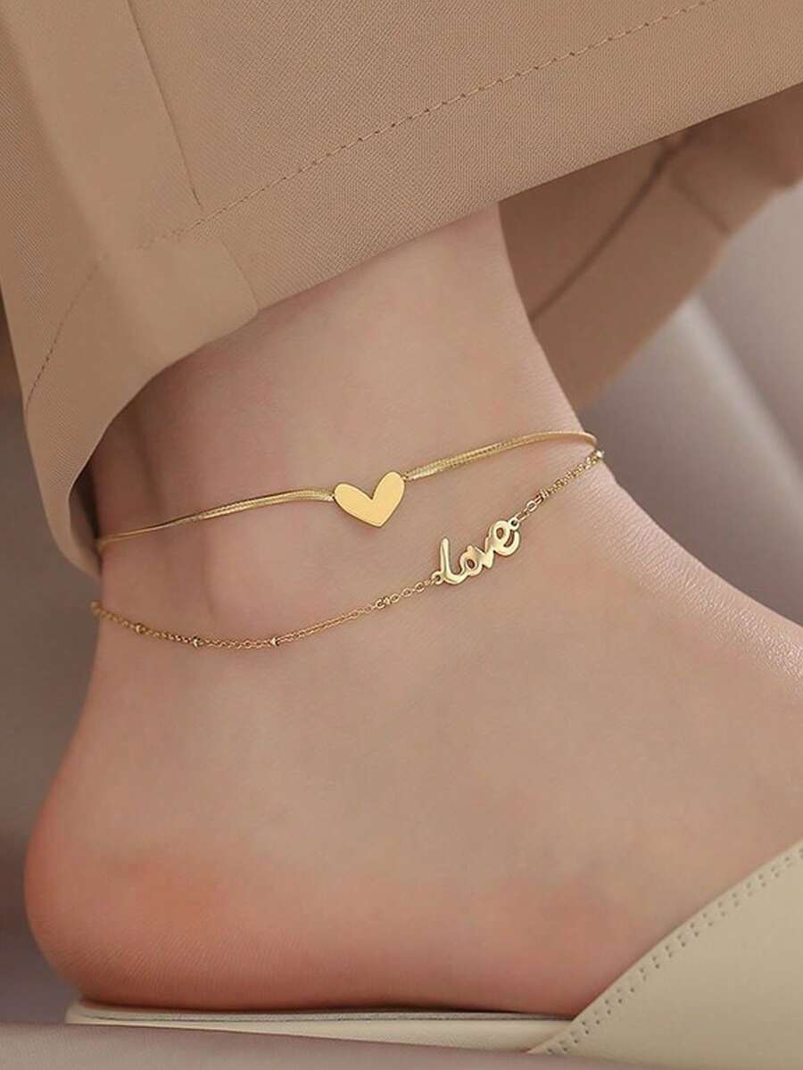 1 件女士时尚优质双层英式爱心脚链，防水不锈钢，不褪色，适合日常佩戴、派对、聚会、海滩 - 款式10 - 查看 1