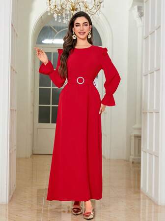 女式纯色优雅荷叶边腰带修身长袖连衣裙，适合所有季节