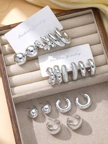 2-6-18pcs/Set Fashionable Silver Geometric Twist C-Shape Teardrop Hoop Earrings Set, Versatile Stoned-Free Earrings For Daily Wear And Gift