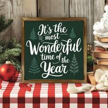 Wall Pediments 1Pc Christmas Wall Art Wood Frame Sign Christmas Holiday Atmosphere, Pine Tree Pattern, Handwritten Calligraphy Style Wall Art Paintings Ideal Gift For Living Room Bedroom Corridor Wall Decor Room Decoration Ready To Hang 8*8inch,2D Flat Christmas Decorations Home Christmas Gifts Christmas Decor