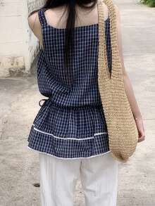 2025 Spring/Autumn Retro Versatile Adjustable Waist Plaid Top - Blue - View 5