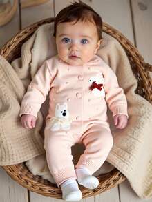 女婴休闲优雅连体裤，带有狗和熊图案，舒适的针织连体裤，适合婴儿日常穿着、外出和旅行，春秋季 - 珊瑚粉 - 查看 2