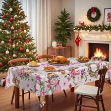 1pc Pink Christmas Theme Rectangular & Round Tablecloth, Santa Claus & Snowman Pattern Tablecloth With Red Berries, Green Pine Branches, Pink Flowers, Christmas Decor, Suitable For Indoor & Outdoor Use - Easy To Clean Holiday Dining Tablecloth, Multiple Size Options Available