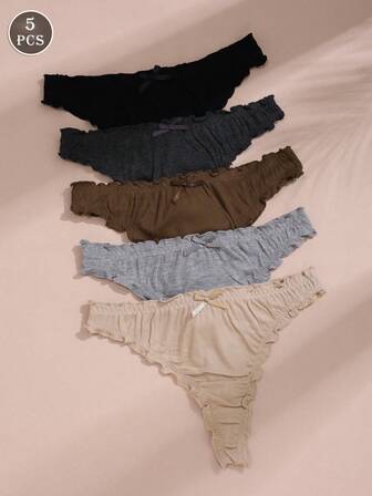 5pcs/Pack Women's Comfortable Ribbed Thong Panties
