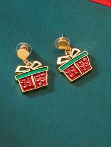 1 par de aretes navideños, caja de regalo navideña, aretes para uso diario y fiestas navideñas para mujeres (empaque en bolsa OPP)