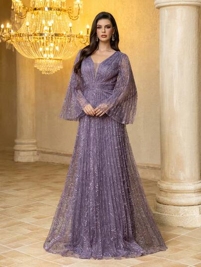  UNITHORSE [Random Print] Women V-Neck Long Sleeve Fitted Pleated Mesh Evening Dress