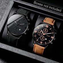 Bộ 2 đồng hồ nam có chức năng lịch, mặt tròn thời trang, máy quartz, dây đeo PU, thích hợp đeo hàng ngày, làm quà sinh nhật, quà tựu trường, quà Lễ Tạ ơn, quà lãng mạn, món quà hoàn hảo (Không kèm hộp quà) - màu đen - Xem 7
