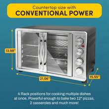 Elite Gourmet ETO-4510M Puerta francesa de 47.5 cuartos de galón, horno de convección de 18 rebans, 4 perillas de control, tostado para hornear asado para mantener el calor, incluye 2 estantes para - Acero inoxidable y negro - Ver 4