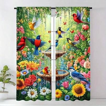 2pcs Singing Birds And Floral Scent Of Spring Forest Printed Curtains - Elegant Rod Pocket Window Treatment, Suitable For Bedroom, Living Room, Office, Kitchen, Cafe, Holiday Home, Perfect For Cozy Home Decor, Easy To Install