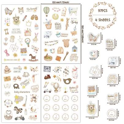 4 张婴儿贴纸，棕色/蓝色，德语/英语，防水乙烯基贴纸，用于 DIY 备忘录、日记、水瓶、笔记本装饰、贴纸书、婴儿贴纸、剪贴簿贴纸、婴儿月度贴纸、新生儿里程碑贴纸、婴儿玩具贴纸、男婴相册、婴儿第一年日历