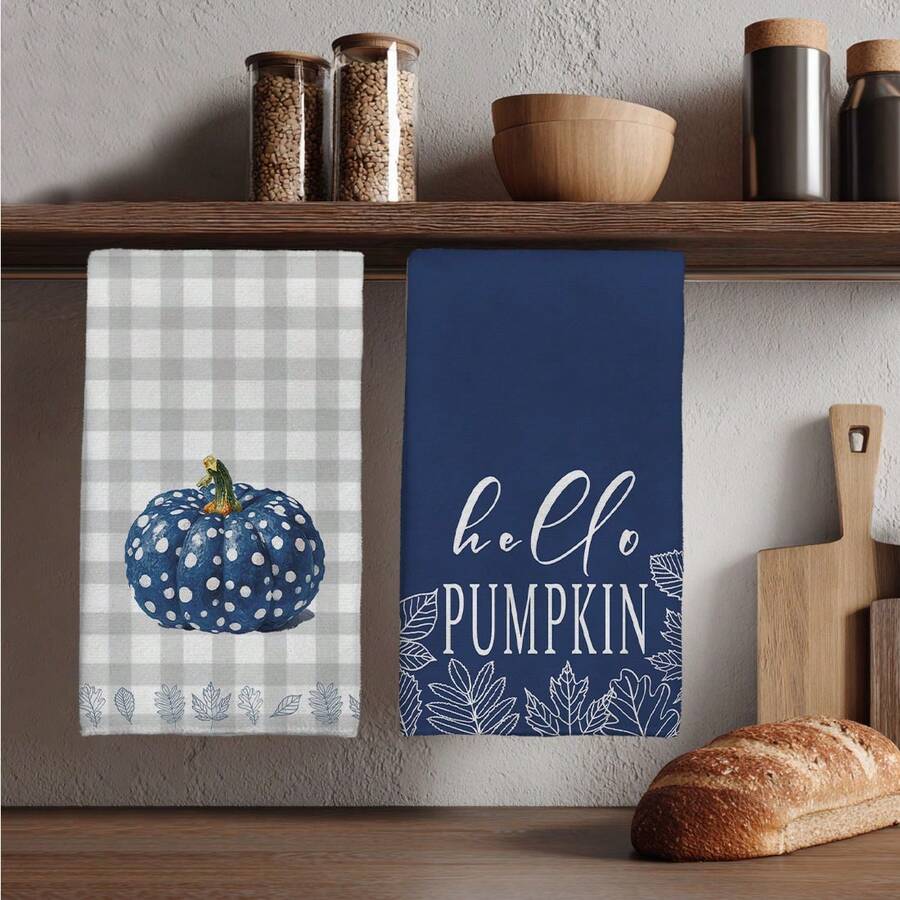 2 件秋季蓝色波尔卡圆点南瓜印花厨房巾，15.75 * 23.62 英寸（40 * 60 厘米）超柔软吸水洗碗布，秋季装饰，厨房配件，可机洗，适用于餐厅、厨房、节日装饰和礼物，所有季节 - 彩色 - 查看 1