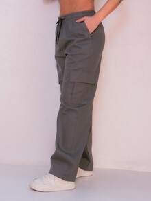 WOMEN'S SKATEBOARD WIDE TWILL CARGO JOGGER PANTS, CASUAL, 5 POCKETS, DRAWSTRING CLOSURE, UNISEX FASHION - 深灰色 - 查看 5
