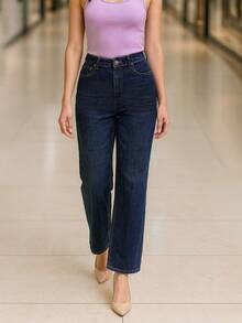 Jeans rectos azul marino tiro alto - Azul Marino - Ver 4