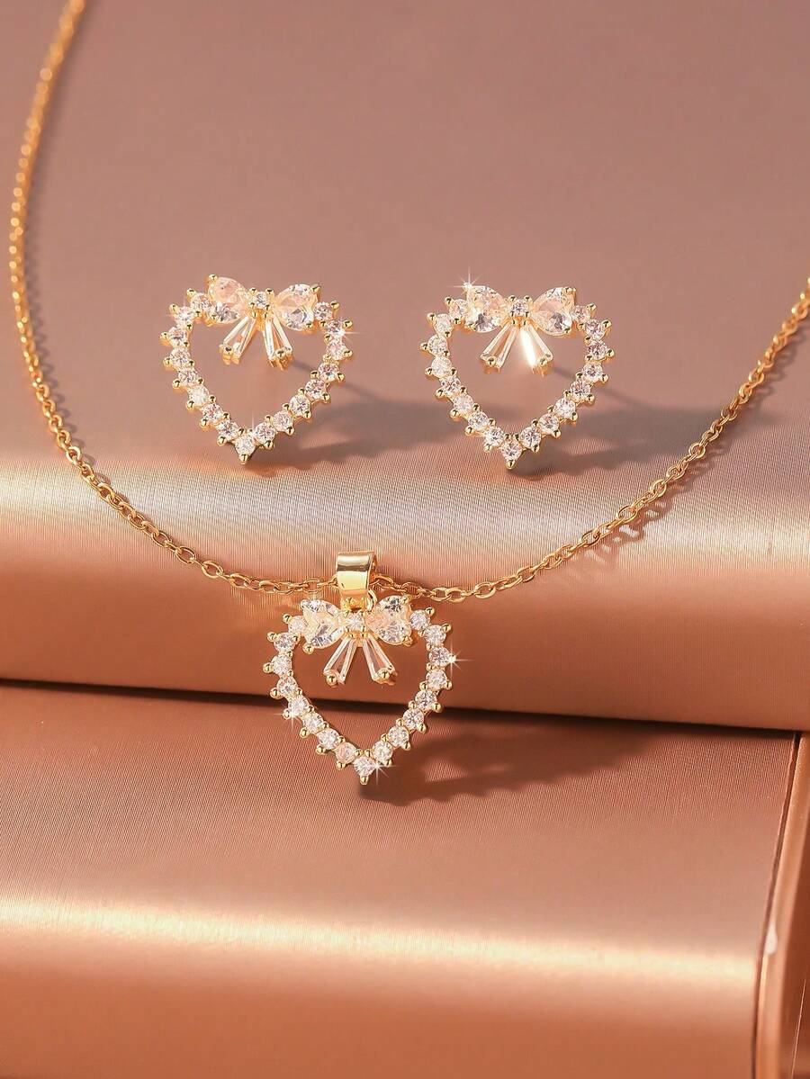 3pcs/Set! Luxury Rhinestone Heart & Bow Jewelry Set, Sparkling Combination Suitable For Gifts, Vacation, Banquet And Daily Wear