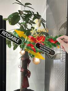 1 件圣诞窗饰 - 静电贴“圣诞快乐”金色字母红色装饰，松枝图案，PVC 贴纸，适用于家庭、商店、派对 - 易于粘贴的节日装饰，优雅的字体设计家居装饰 - 彩色 - 查看 5