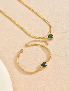 1 Set Vintage Style Emerald Green Heart Pendant Necklace & Bracelet Stainless Steel Jewelry Set For Women, Luxury Heart-Shaped Jewelry, Suitable For Daily Wear, Engagement, Wedding, Valentine's Day Gift, Jewelry Gift - Yellow Gold - View 3