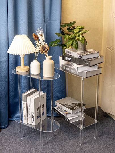 1 件亚克力透明边缘边桌，2 层客厅边桌，小型现代床头柜家居装饰桌架，适用于办公室、卧室、客厅、书房