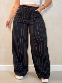 A&DD MODA, REF: H928(PLUS SIZE)Women's Striped Pants, High Waist Pants, Casual Straight Pants, Wide Leg Pants, Elegant Casual Look, Everyday Pants, Modern Style, Women's Striped Pants, Comfortable And Sophisticated Look, Work Pants, Uncomplicated Look, Lightweight Fabric Pants, Comfortable Women's Pants - 黑色 - 查看 5
