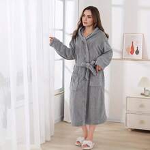 1 بشكل الأناناس/تصميم سادة ذو كابوت للنساء بحزام وجيب، منشفة قابلة للارتداء، منشفة حمام، رداء طويل ذو كابوت، قميص نوم نسائي مطبوع بنمر وفيونكة