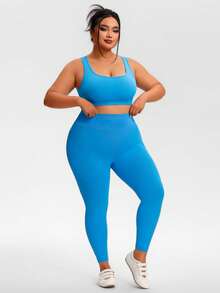 Plus Size Women's Solid Color High Elasticity Comfortable Seamless Sports Set, Camisole Top With Racerback, Leggings, Suitable For Gym, Outdoor Fitness, Yoga