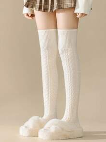 1 Pair Of Women's Knee-High Socks, Knitted Striped Warm Socks
